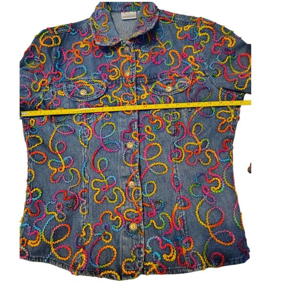 Chico's Colorful Long Sleeve Blue Denim Jacket Embroidery Artwork Size M/8 - Picture 9 of 14